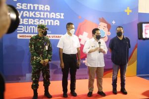 Danlanud Soewondo Mendampingi Menteri BUMN Resmikan Sentra Vaksin di Ex. Bandara Polonia